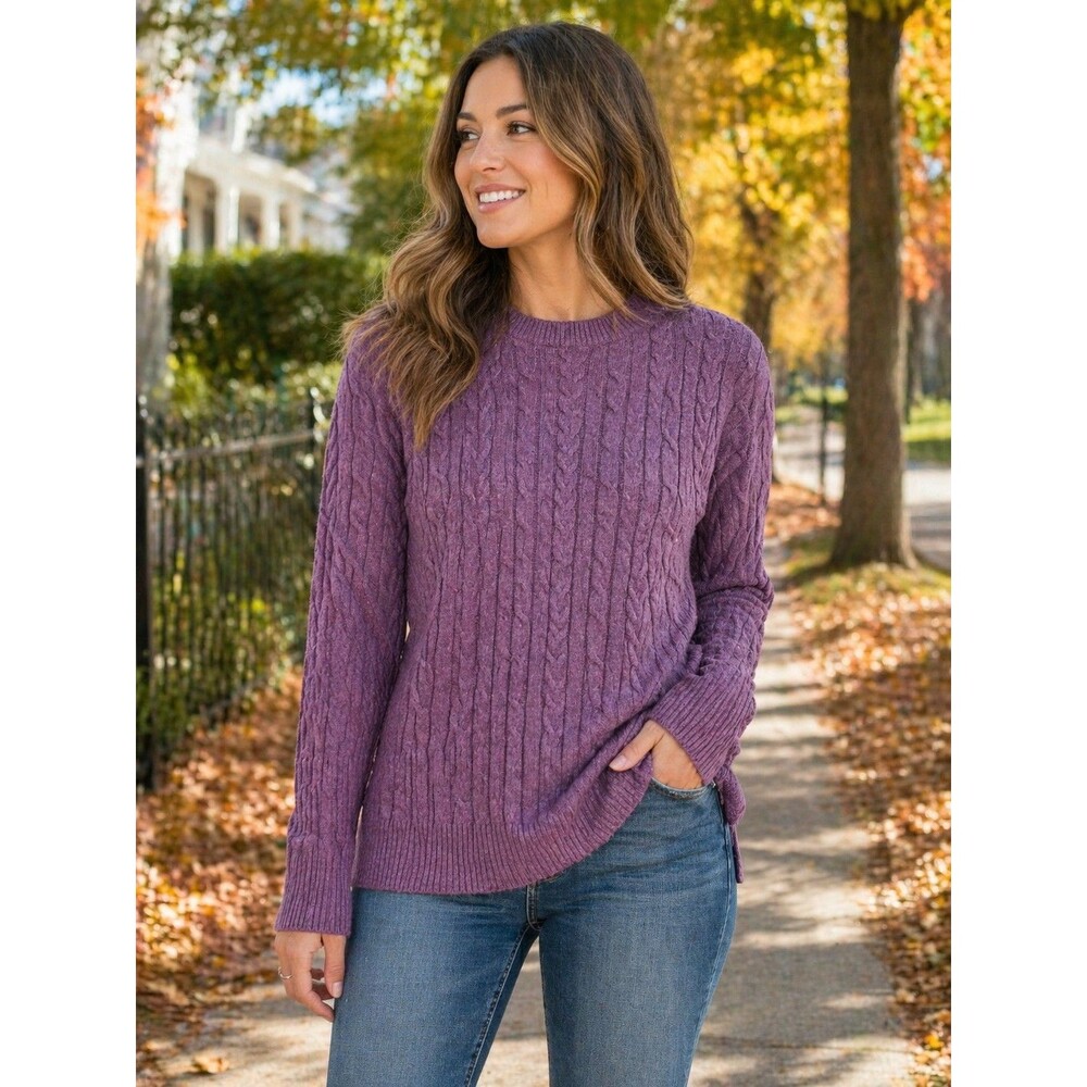 Andeawy Women’s Purple Cable Knit Sweater Long Sleeve Crew Neck Cozy Soft S
